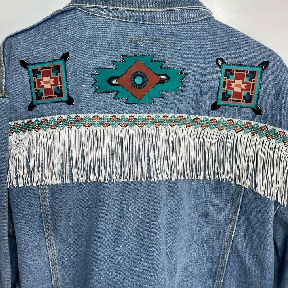 Vintage Sunbelt Aztec Denim Western Fringe Button‎ Front Jacket Medium